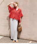Brouse Ladies Sheavice Shear Frill Sleeving Front Open Battle Front Button Slow Slow Slow No Warna Mail Service 24SS Coca Coca