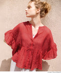 Brouse Ladies Sheavice Shear Frill Sleeving Front Open Battle Front Button Slow Slow Slow No Warna Mail Service 24SS Coca Coca