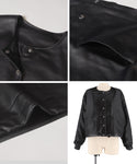 Faux Leather Collarless Jacket