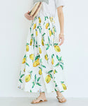 Side-Ribbon Fruit Print Flared Skirt