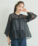 Foil Dot Sheer Flared Long Sleeve Blouse