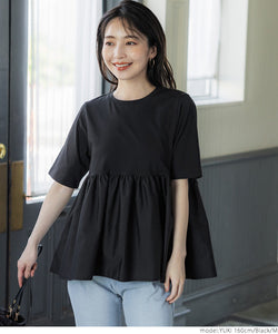 カットソーレディース異素材ドッキングドッキングフレアギャザークルーネックtシャツシャツペプラム切り替え24SS cocaコカ