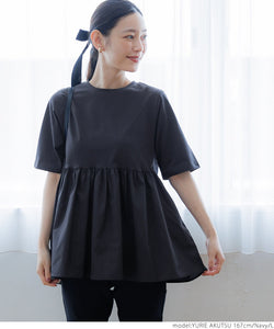 カットソーレディース異素材ドッキングドッキングフレアギャザークルーネックtシャツシャツペプラム切り替え24SS cocaコカ