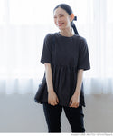 カットソーレディース異素材ドッキングドッキングフレアギャザークルーネックtシャツシャツペプラム切り替え24SS cocaコカ