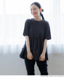 カットソーレディース異素材ドッキングドッキングフレアギャザークルーネックtシャツシャツペプラム切り替え24SS cocaコカ