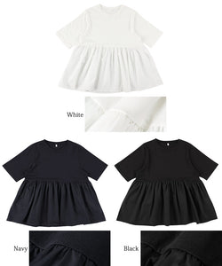 カットソーレディース異素材ドッキングドッキングフレアギャザークルーネックtシャツシャツペプラム切り替え24SS cocaコカ