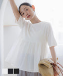 カットソーレディース異素材ドッキングドッキングフレアギャザークルーネックtシャツシャツペプラム切り替え24SS cocaコカ