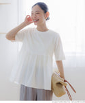カットソーレディース異素材ドッキングドッキングフレアギャザークルーネックtシャツシャツペプラム切り替え24SS cocaコカ