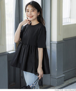 カットソーレディース異素材ドッキングドッキングフレアギャザークルーネックtシャツシャツペプラム切り替え24SS cocaコカ
