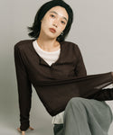 Sheer Ribbed Long-Sleeved Henley Neck Top
